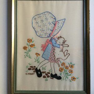 Finished Holly Hobbie crewel Embroidery picture framed girl carrying dog